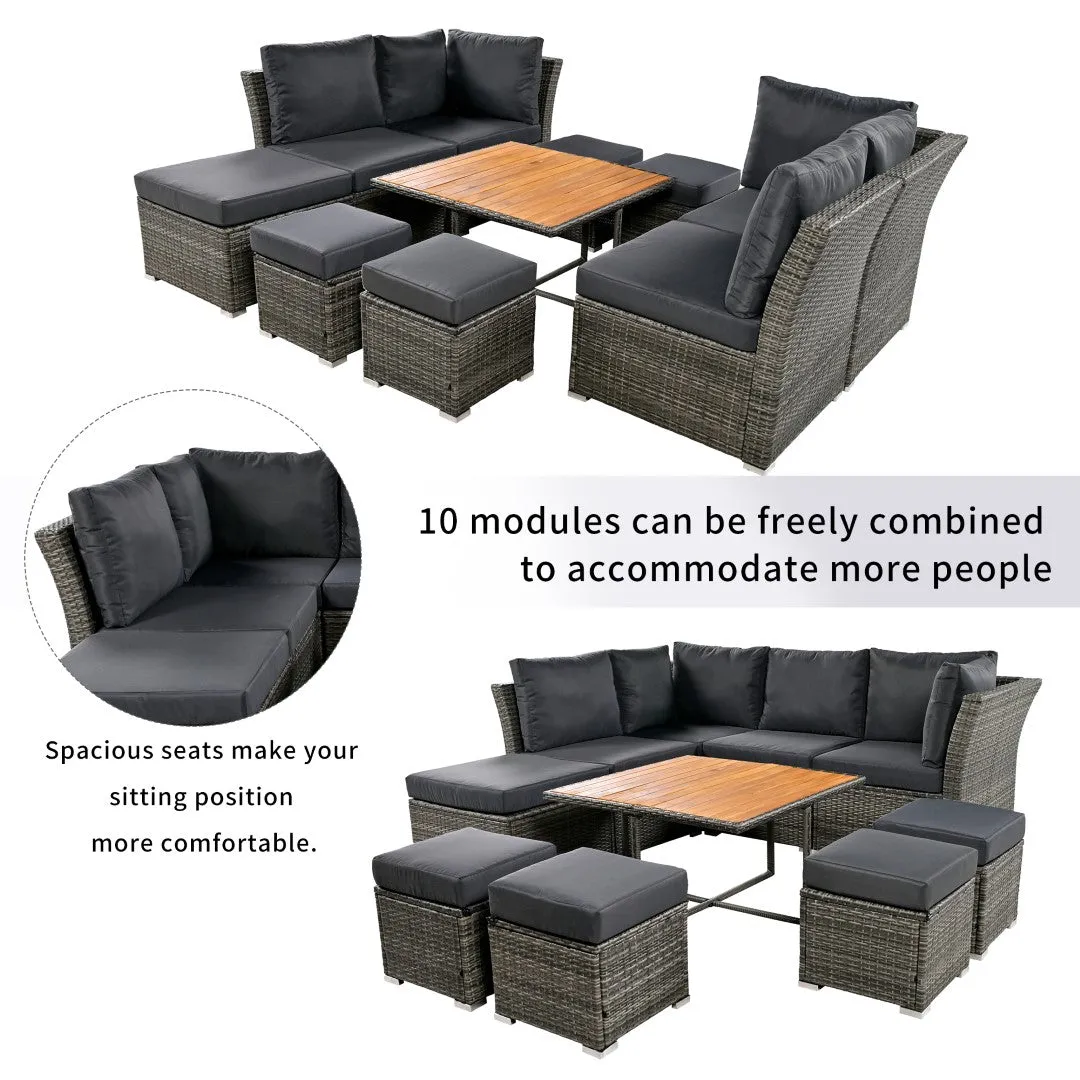 10-Piece Modular Outdoor Sofa Set with Ottomans & Wood Coffee Table, Plush Cushions | Sturdy Frame, Solid Wood Top | 82.60 x 78.70 x 29.50