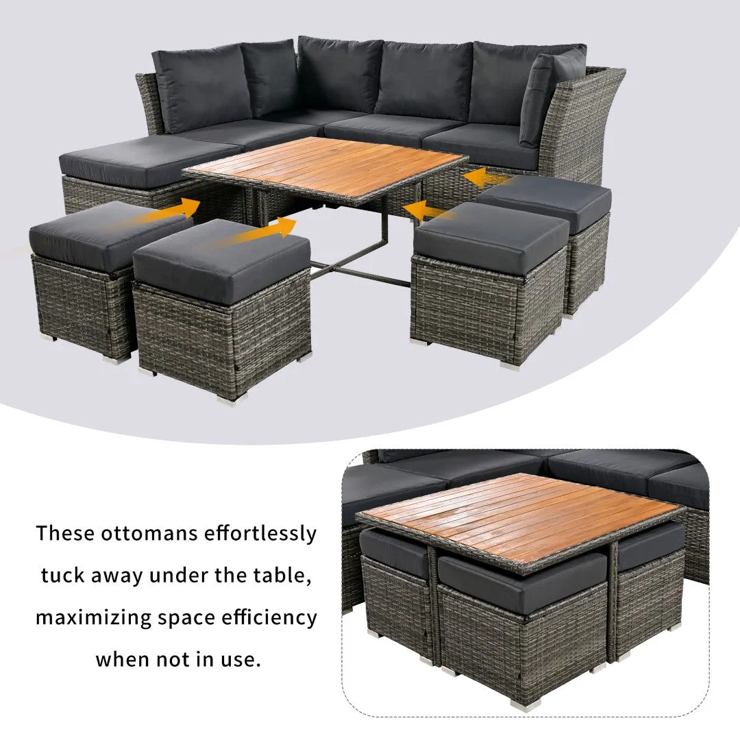 10-Piece Modular Outdoor Sofa Set with Ottomans & Wood Coffee Table, Plush Cushions | Sturdy Frame, Solid Wood Top | 82.60 x 78.70 x 29.50