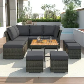 10-Piece Modular Outdoor Sofa Set with Ottomans & Wood Coffee Table, Plush Cushions | Sturdy Frame, Solid Wood Top | 82.60 x 78.70 x 29.50