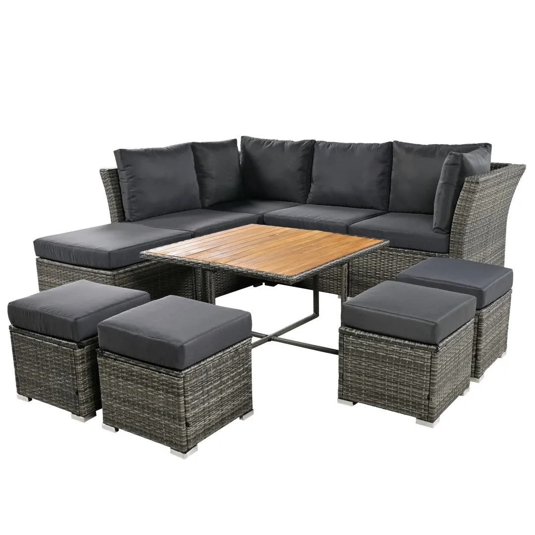 10-Piece Modular Outdoor Sofa Set with Ottomans & Wood Coffee Table, Plush Cushions | Sturdy Frame, Solid Wood Top | 82.60 x 78.70 x 29.50