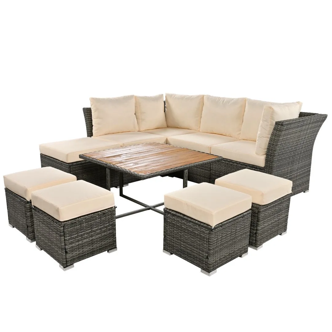 10-Piece Modular Outdoor Sofa Set with Ottomans & Wood Coffee Table, Plush Cushions | Sturdy Frame, Solid Wood Top | 82.60 x 78.70 x 29.50