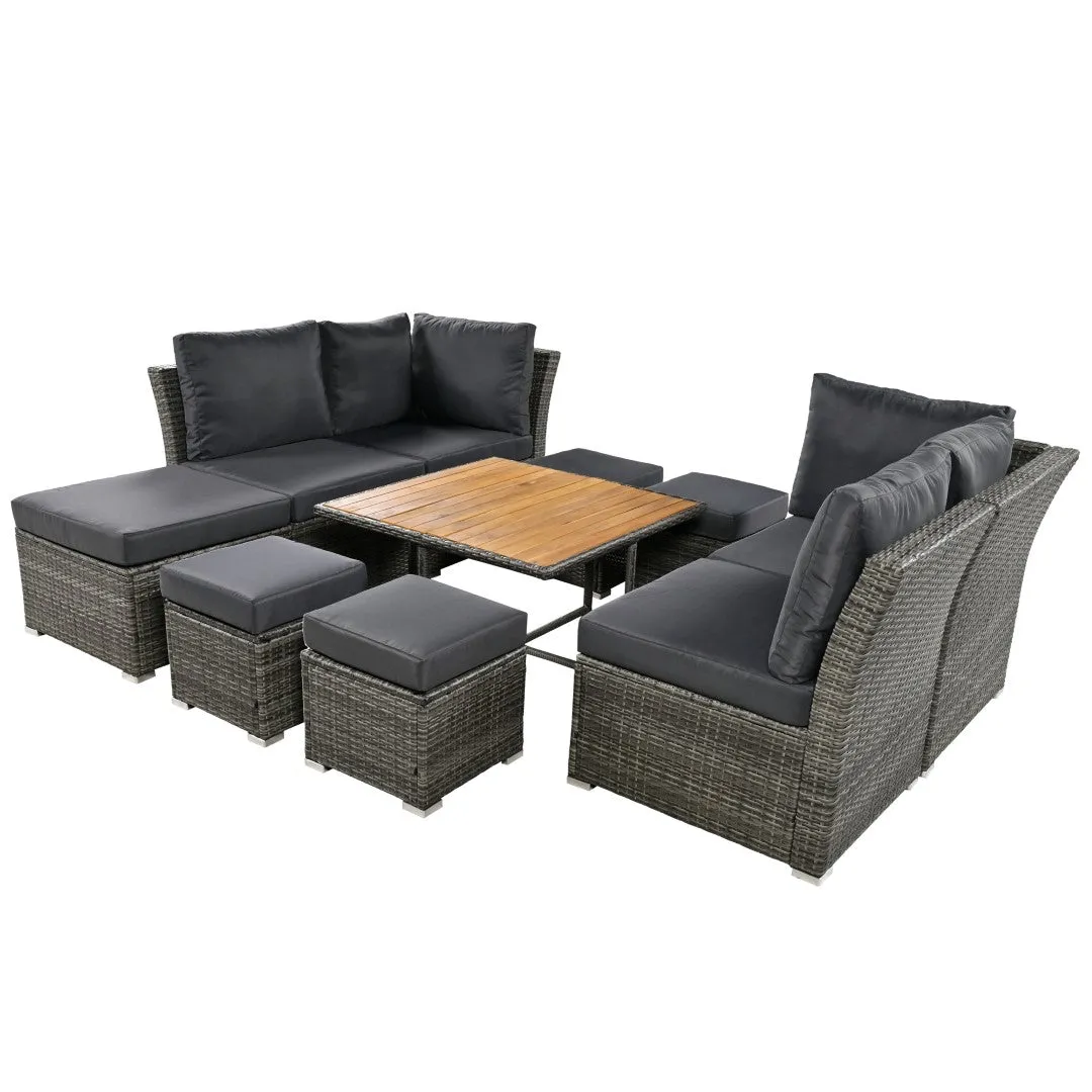 10-Piece Modular Outdoor Sofa Set with Ottomans & Wood Coffee Table, Plush Cushions | Sturdy Frame, Solid Wood Top | 82.60 x 78.70 x 29.50