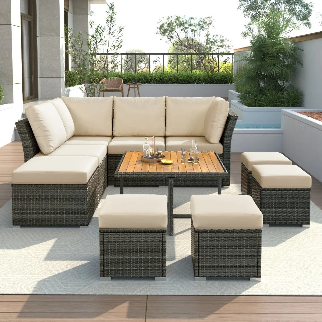 10-Piece Modular Outdoor Sofa Set with Ottomans & Wood Coffee Table, Plush Cushions | Sturdy Frame, Solid Wood Top | 82.60 x 78.70 x 29.50