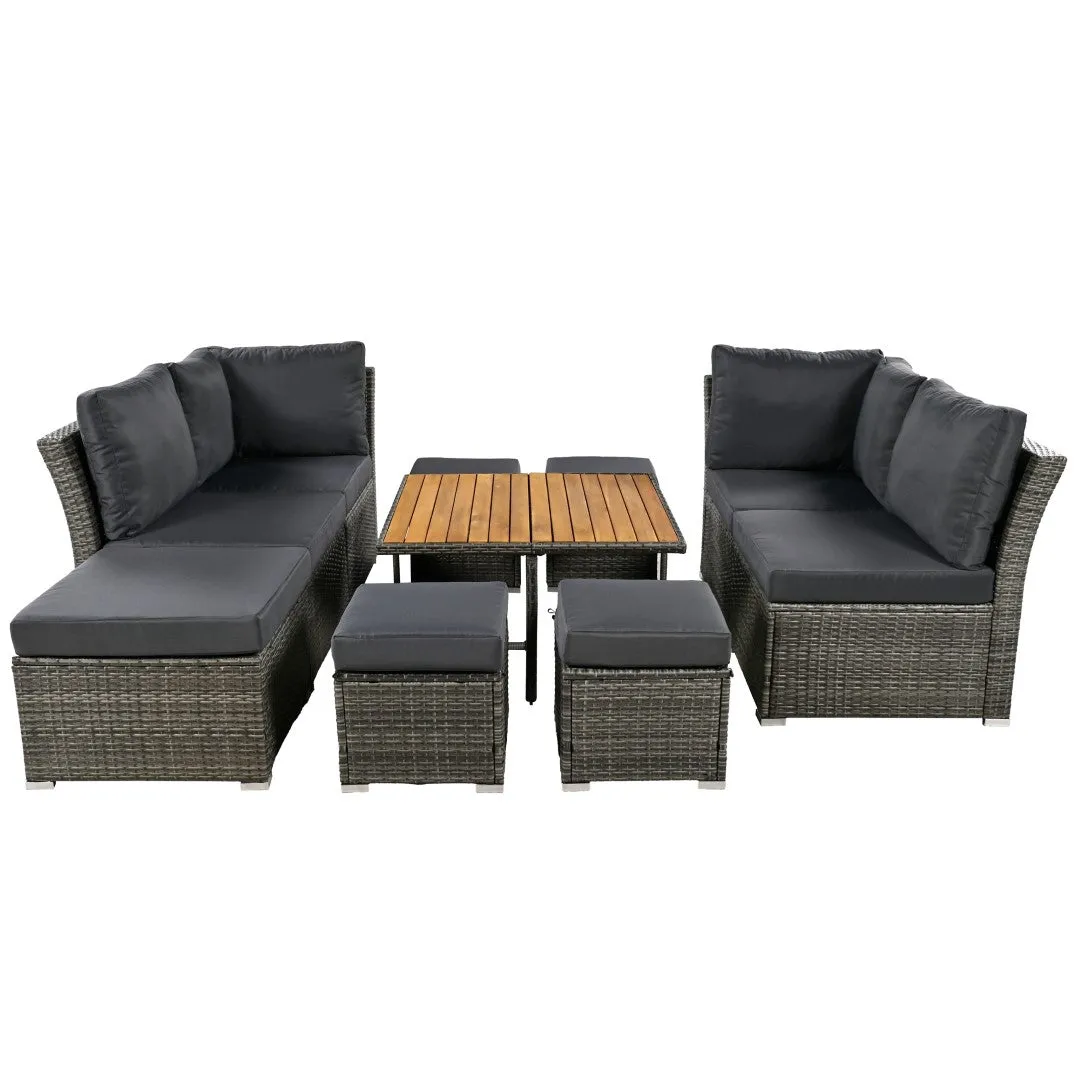 10-Piece Modular Outdoor Sofa Set with Ottomans & Wood Coffee Table, Plush Cushions | Sturdy Frame, Solid Wood Top | 82.60 x 78.70 x 29.50