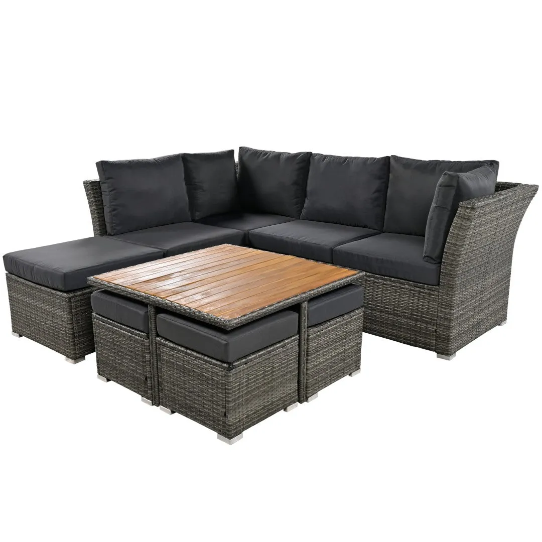 10-Piece Modular Outdoor Sofa Set with Ottomans & Wood Coffee Table, Plush Cushions | Sturdy Frame, Solid Wood Top | 82.60 x 78.70 x 29.50