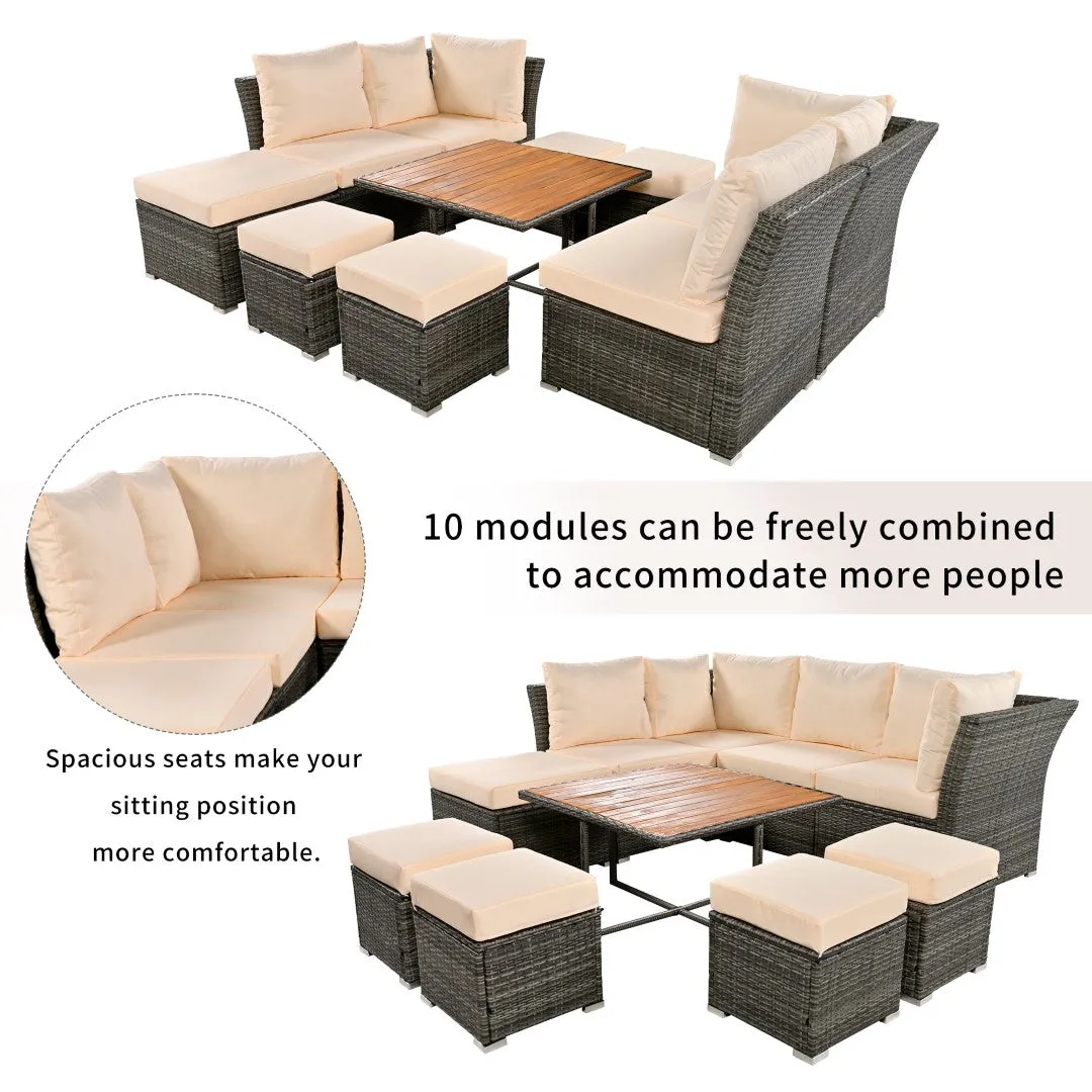 10-Piece Modular Outdoor Sofa Set with Ottomans & Wood Coffee Table, Plush Cushions | Sturdy Frame, Solid Wood Top | 82.60 x 78.70 x 29.50