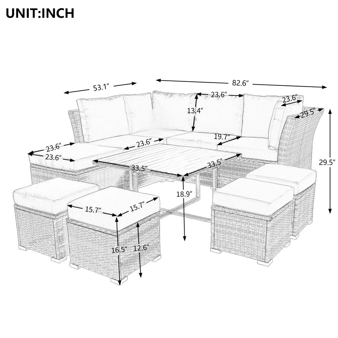 10-Piece Modular Outdoor Sofa Set with Ottomans & Wood Coffee Table, Plush Cushions | Sturdy Frame, Solid Wood Top | 82.60 x 78.70 x 29.50