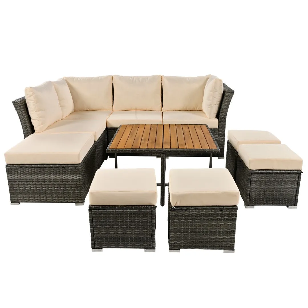 10-Piece Modular Outdoor Sofa Set with Ottomans & Wood Coffee Table, Plush Cushions | Sturdy Frame, Solid Wood Top | 82.60 x 78.70 x 29.50