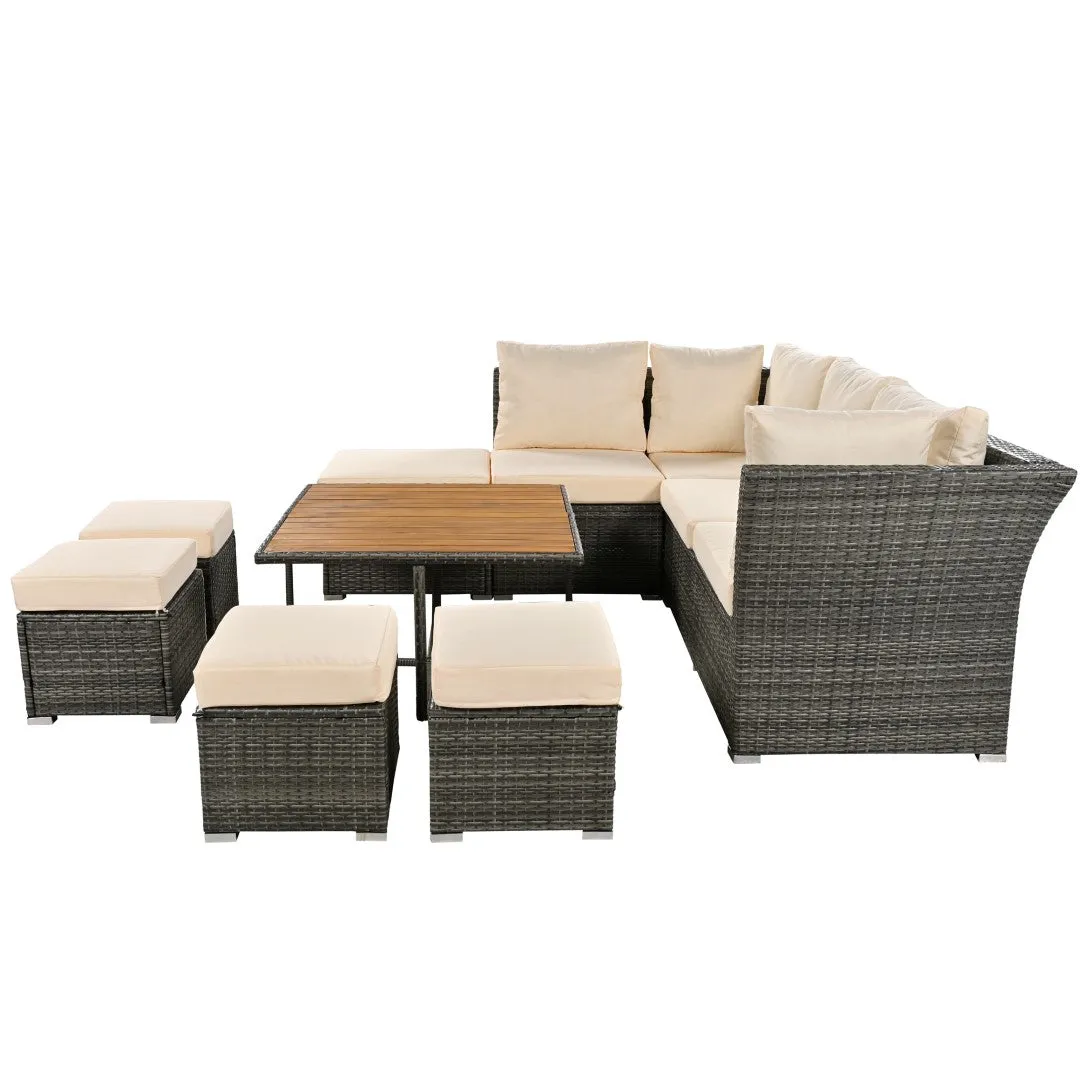 10-Piece Modular Outdoor Sofa Set with Ottomans & Wood Coffee Table, Plush Cushions | Sturdy Frame, Solid Wood Top | 82.60 x 78.70 x 29.50