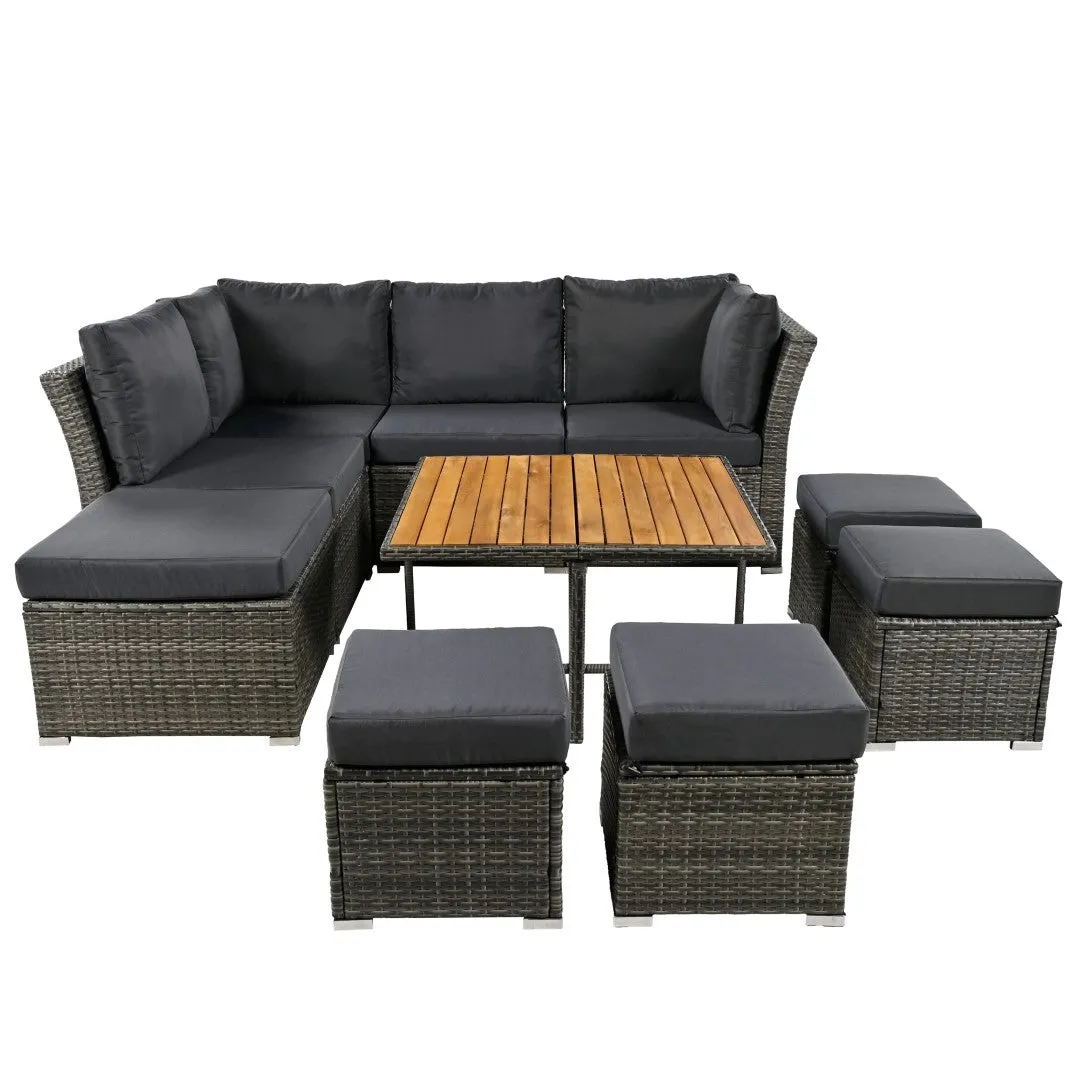 10-Piece Modular Outdoor Sofa Set with Ottomans & Wood Coffee Table, Plush Cushions | Sturdy Frame, Solid Wood Top | 82.60 x 78.70 x 29.50