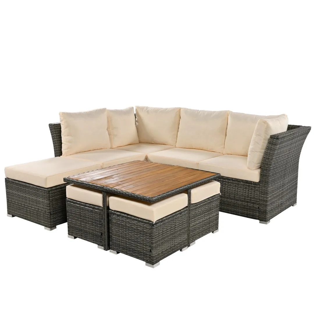 10-Piece Modular Outdoor Sofa Set with Ottomans & Wood Coffee Table, Plush Cushions | Sturdy Frame, Solid Wood Top | 82.60 x 78.70 x 29.50