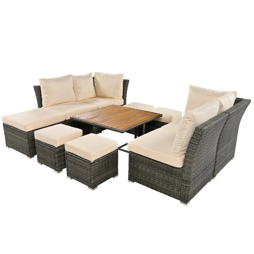 10-Piece Modular Outdoor Sofa Set with Ottomans & Wood Coffee Table, Plush Cushions | Sturdy Frame, Solid Wood Top | 82.60 x 78.70 x 29.50