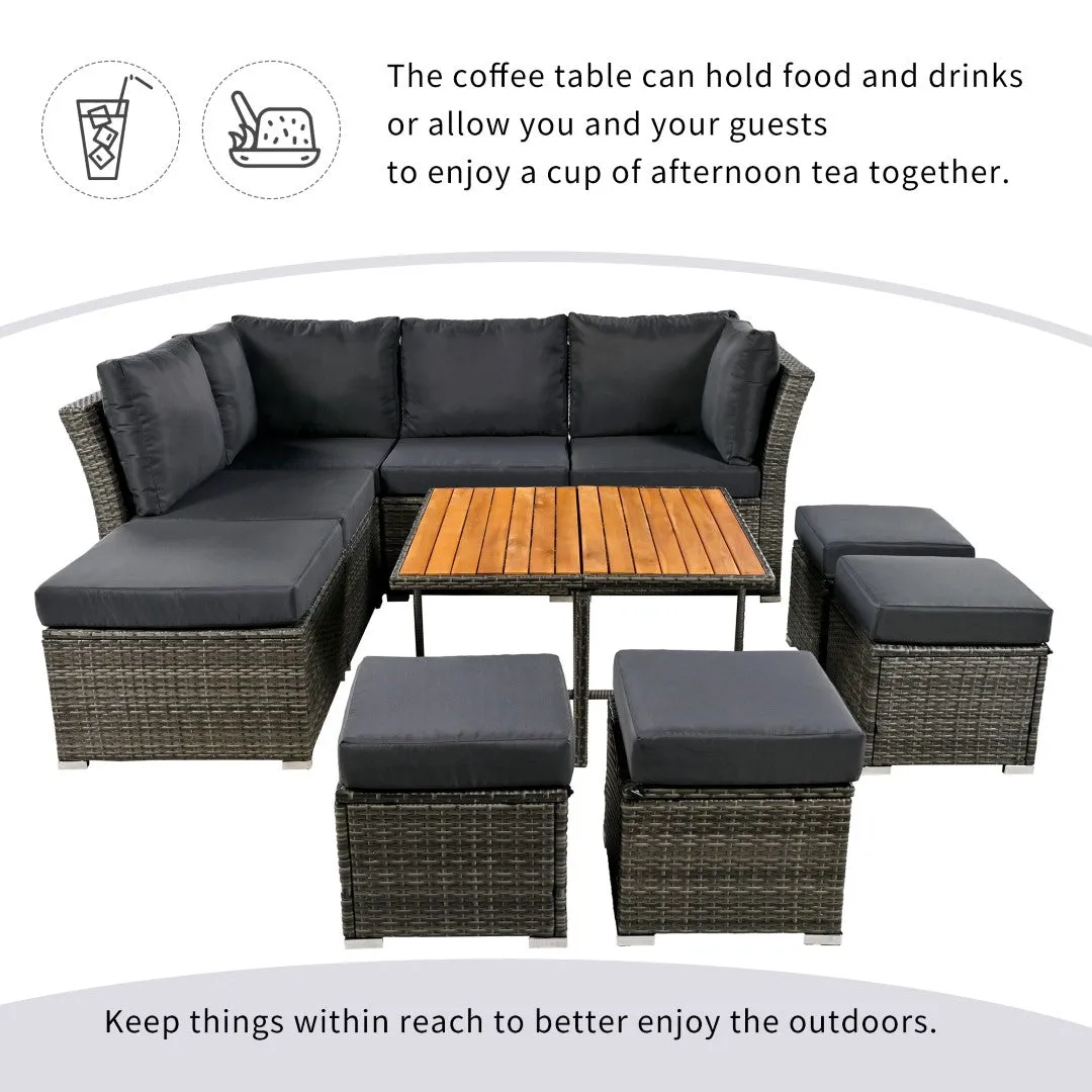 10-Piece Modular Outdoor Sofa Set with Ottomans & Wood Coffee Table, Plush Cushions | Sturdy Frame, Solid Wood Top | 82.60 x 78.70 x 29.50