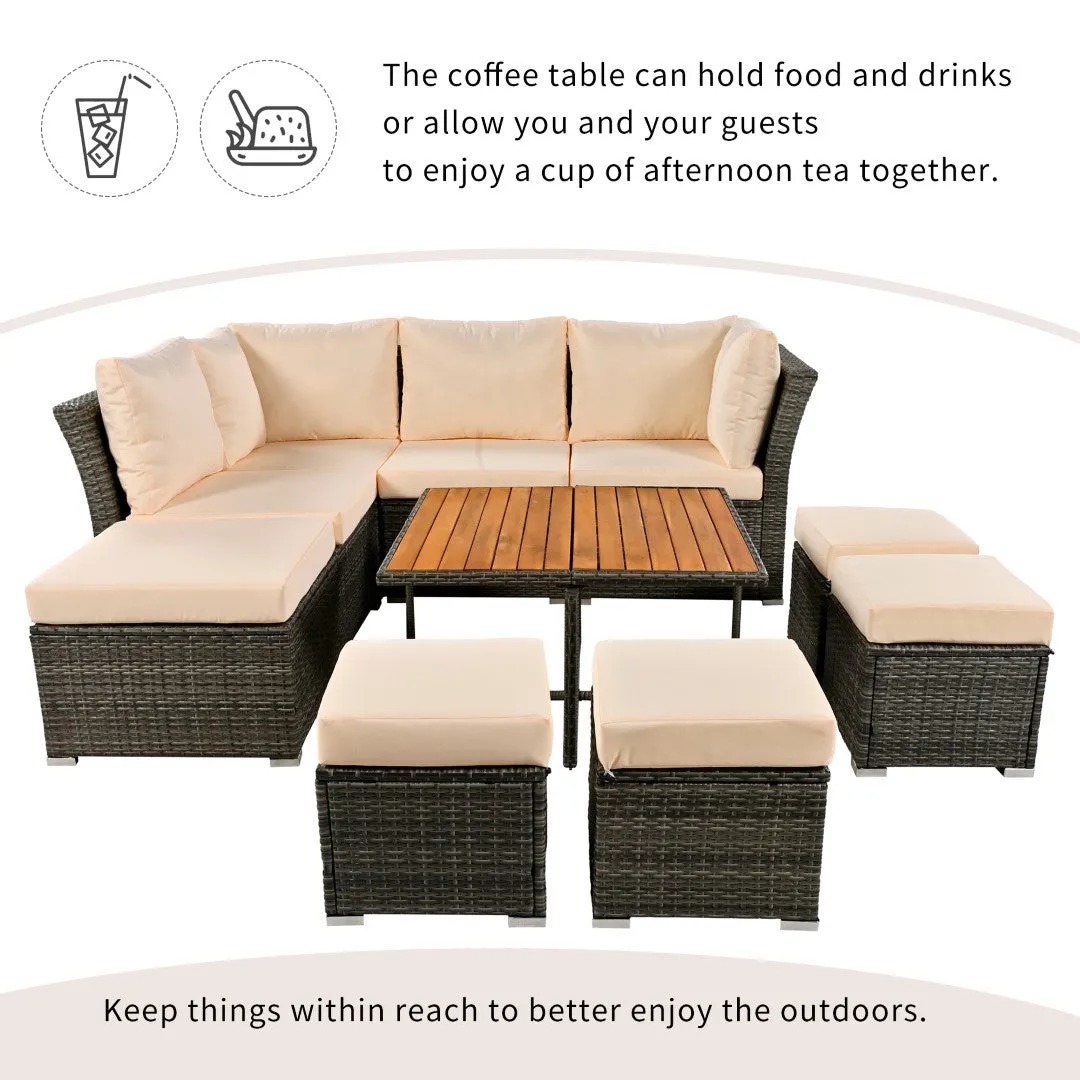 10-Piece Modular Outdoor Sofa Set with Ottomans & Wood Coffee Table, Plush Cushions | Sturdy Frame, Solid Wood Top | 82.60 x 78.70 x 29.50