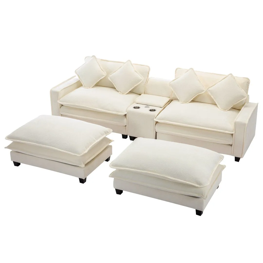 112.6" Chenille Sectional Sofa with Ottoman, USB Ports, Cup Holders, Storage Box, Beige