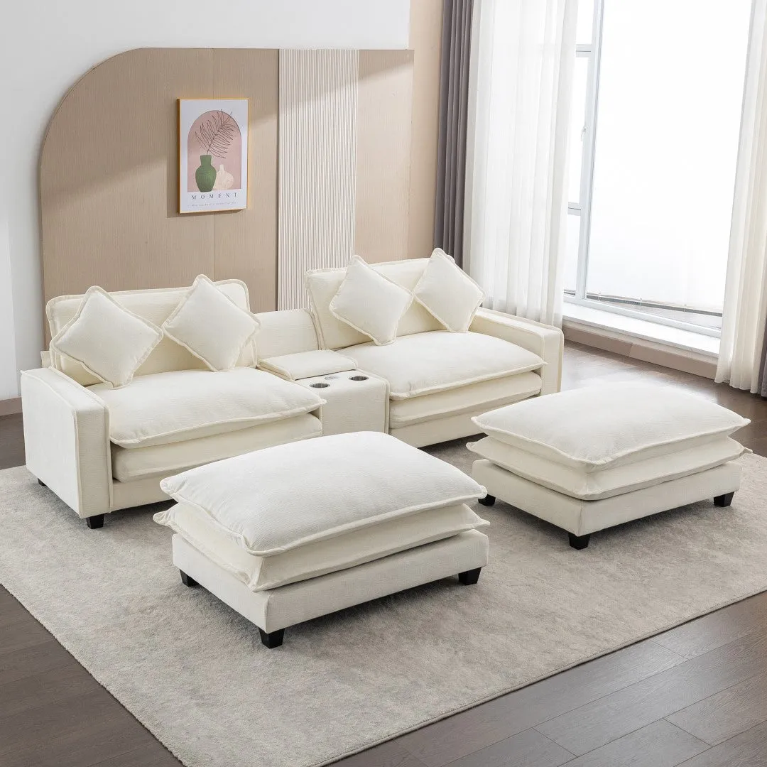 112.6" Chenille Sectional Sofa with Ottoman, USB Ports, Cup Holders, Storage Box, Beige