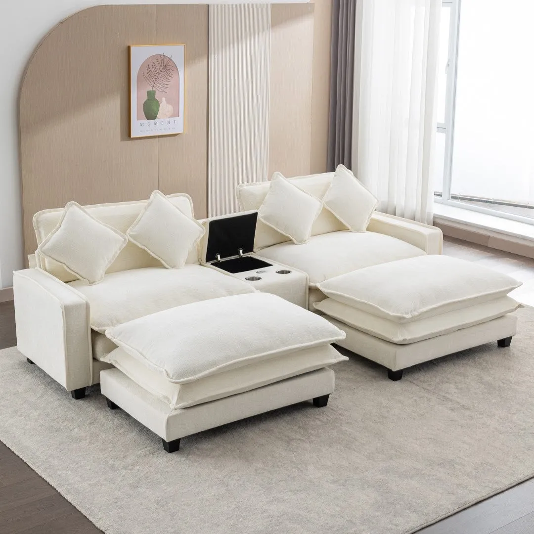 112.6" Chenille Sectional Sofa with Ottoman, USB Ports, Cup Holders, Storage Box, Beige