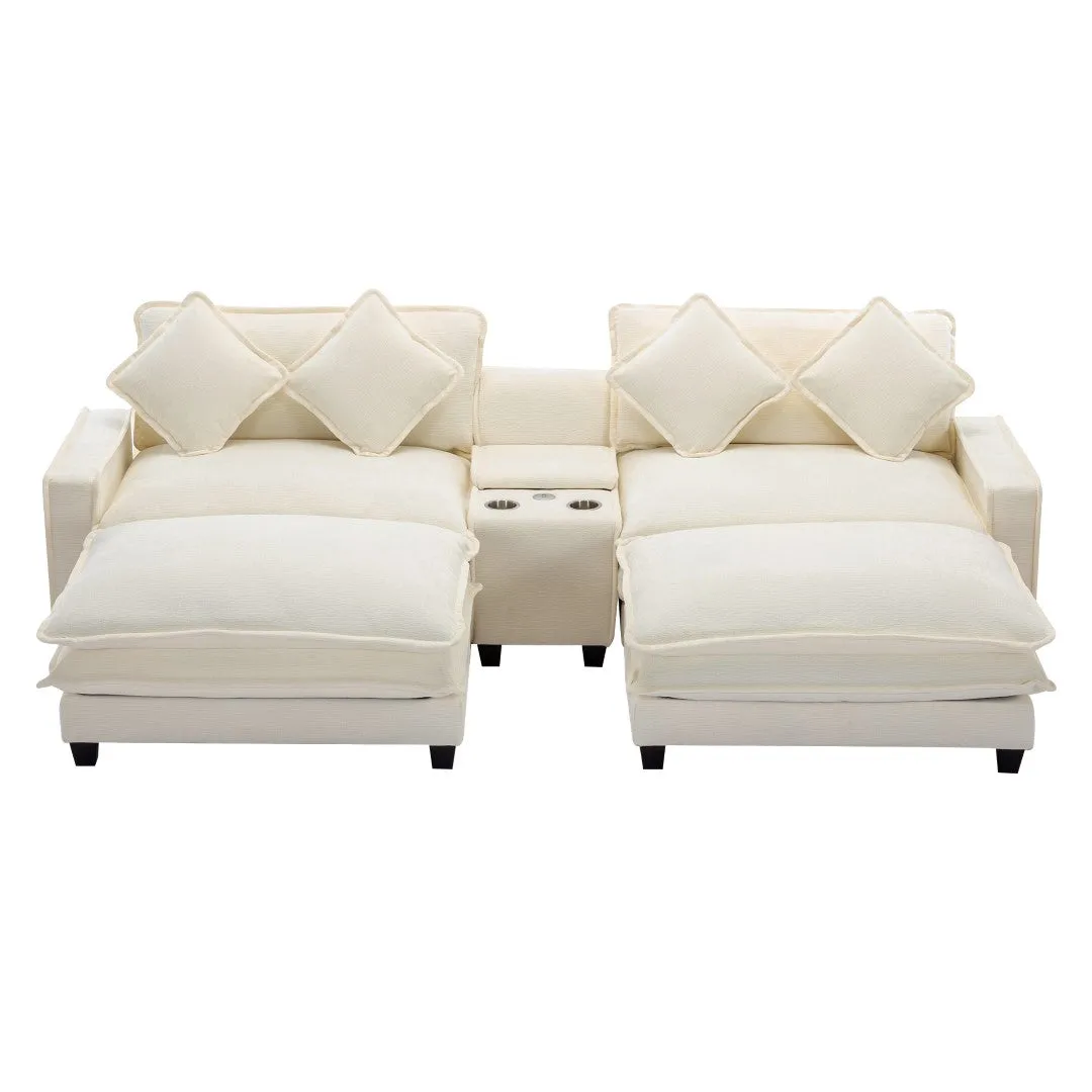 112.6" Chenille Sectional Sofa with Ottoman, USB Ports, Cup Holders, Storage Box, Beige