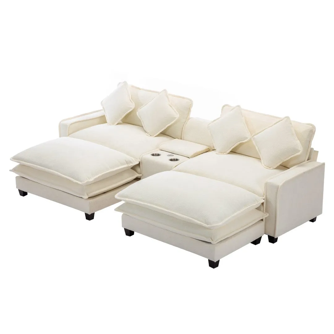 112.6" Chenille Sectional Sofa with Ottoman, USB Ports, Cup Holders, Storage Box, Beige