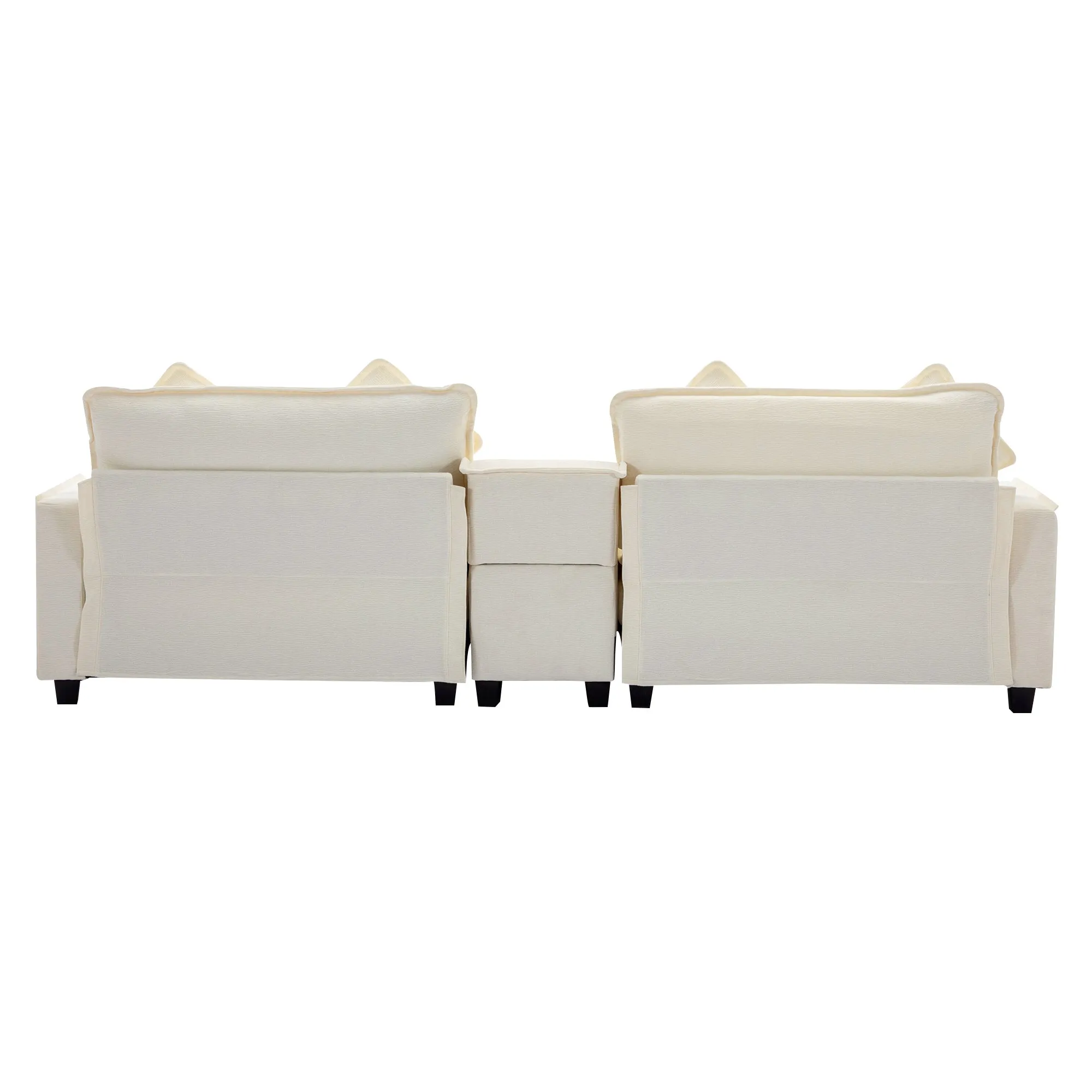 112.6" Chenille Sectional Sofa with Ottoman, USB Ports, Cup Holders, Storage Box, Beige