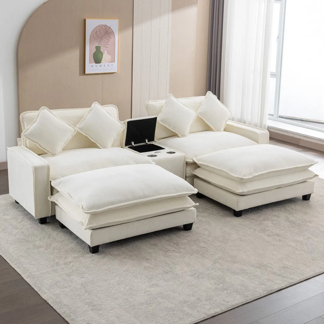 112.6" Chenille Sectional Sofa with Ottoman, USB Ports, Cup Holders, Storage Box, Beige