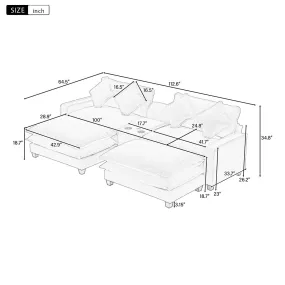 112.6" Chenille Sectional Sofa with Ottoman, USB Ports, Cup Holders, Storage Box, Beige