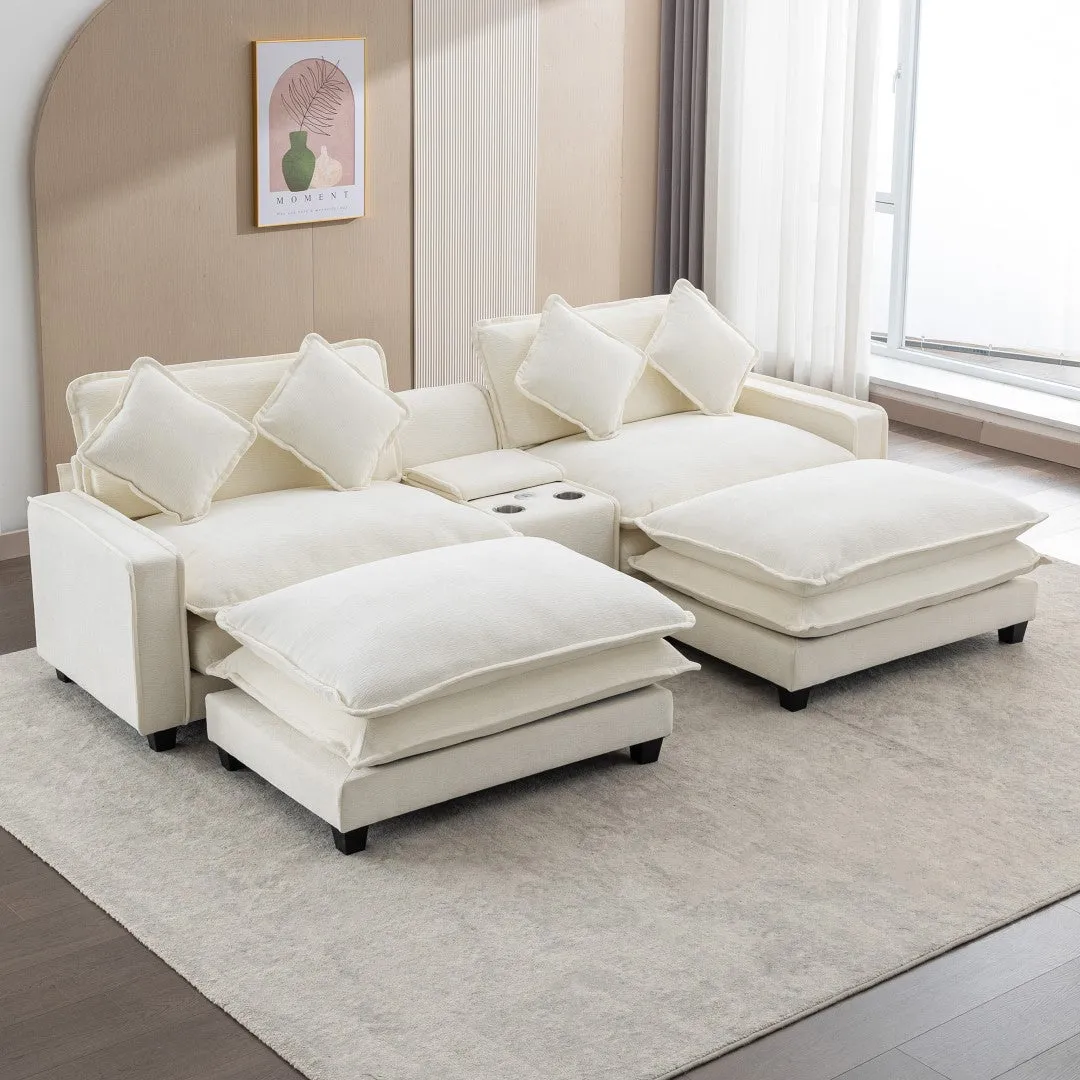 112.6" Chenille Sectional Sofa with Ottoman, USB Ports, Cup Holders, Storage Box, Beige