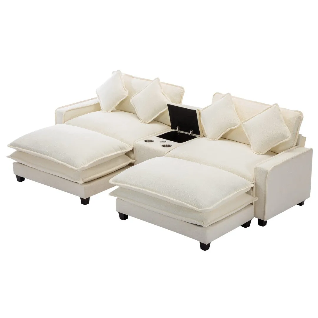 112.6" Chenille Sectional Sofa with Ottoman, USB Ports, Cup Holders, Storage Box, Beige