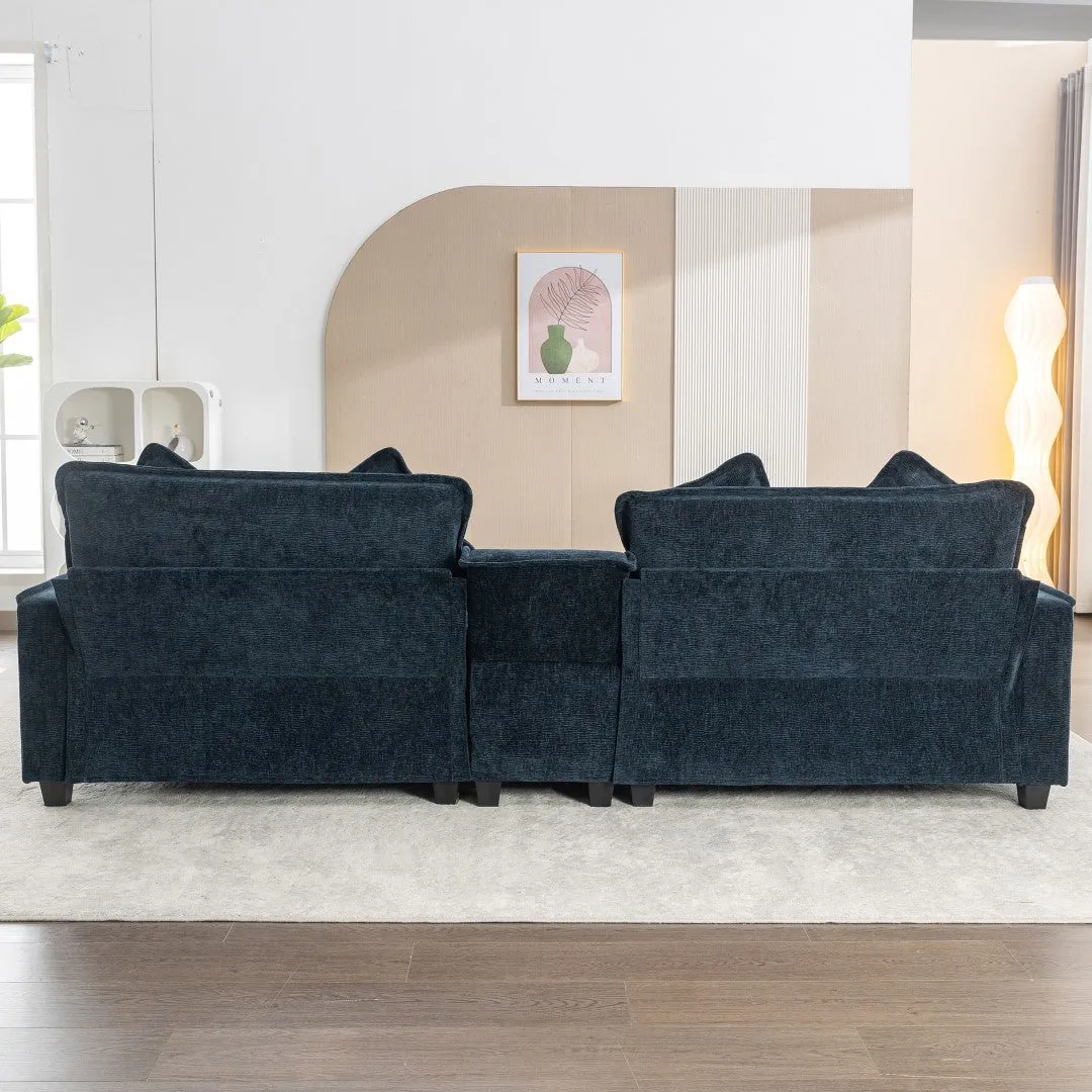 112.6" Chenille Sectional Sofa with Ottomans, USB Ports, Cup Holders, Storage Box, Blue