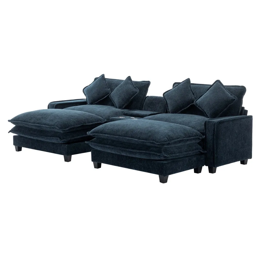 112.6" Chenille Sectional Sofa with Ottomans, USB Ports, Cup Holders, Storage Box, Blue