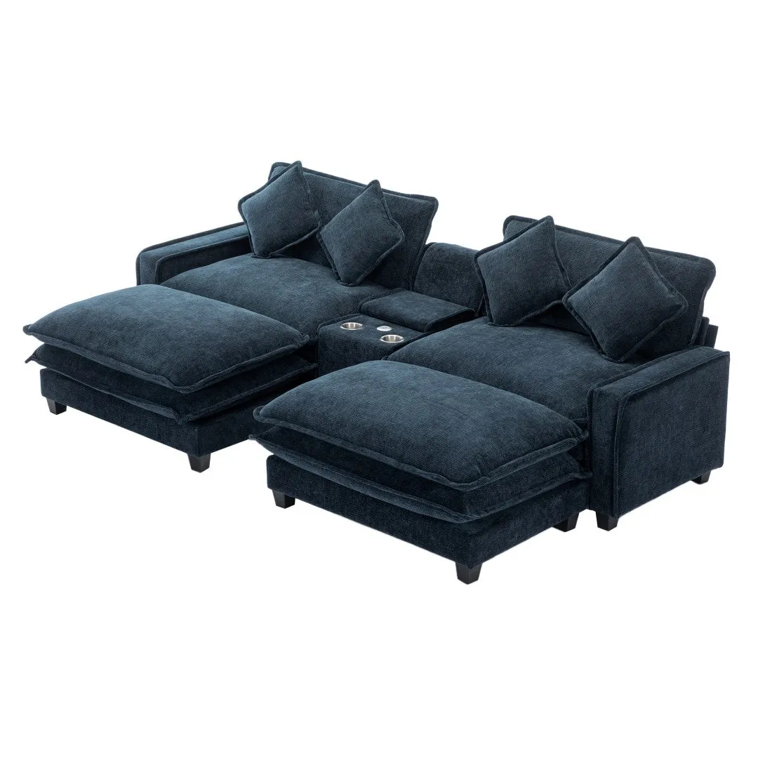 112.6" Chenille Sectional Sofa with Ottomans, USB Ports, Cup Holders, Storage Box, Blue