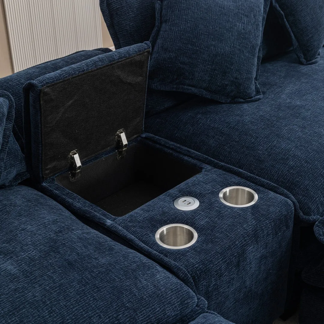 112.6" Chenille Sectional Sofa with Ottomans, USB Ports, Cup Holders, Storage Box, Blue