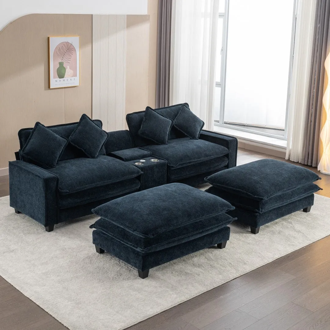 112.6" Chenille Sectional Sofa with Ottomans, USB Ports, Cup Holders, Storage Box, Blue