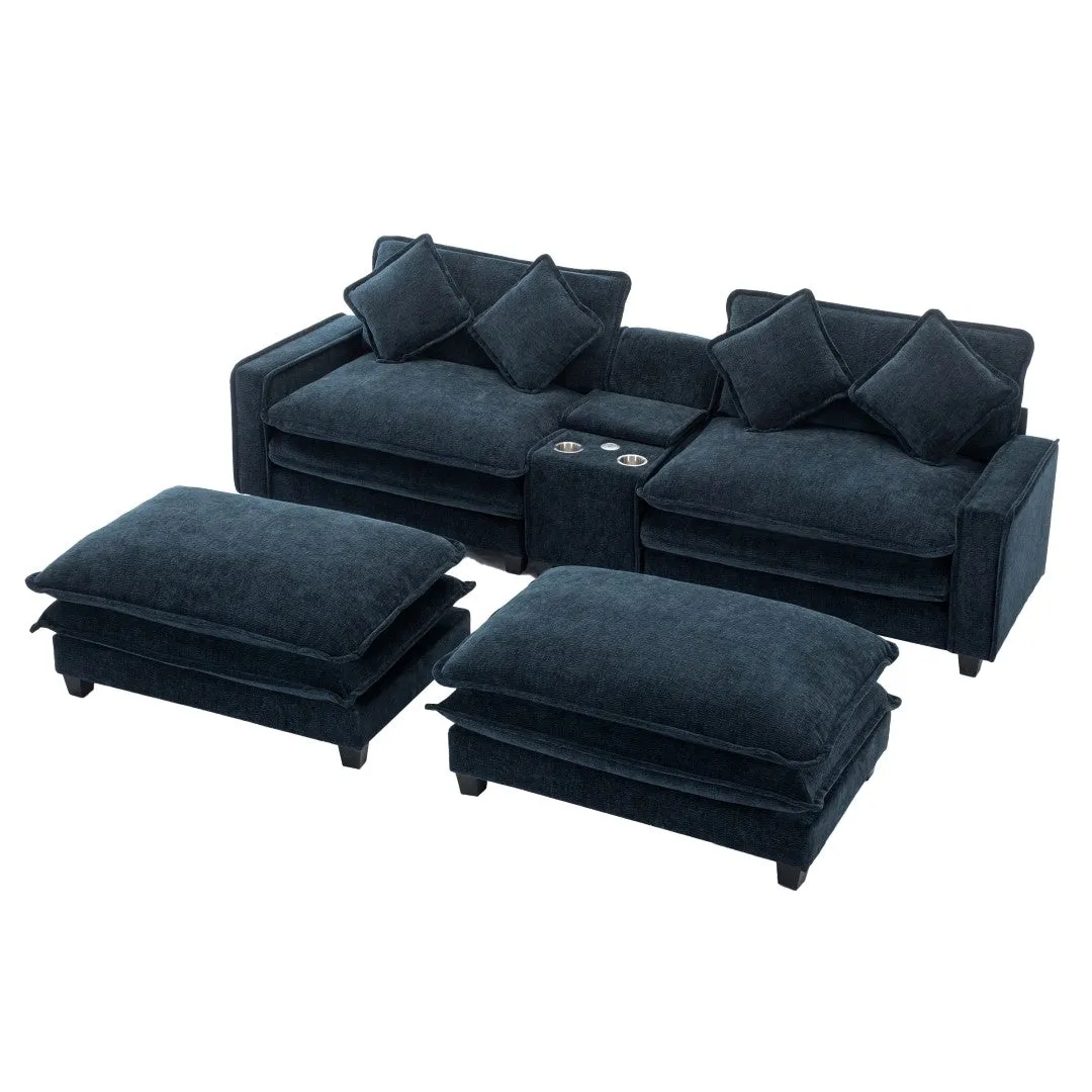 112.6" Chenille Sectional Sofa with Ottomans, USB Ports, Cup Holders, Storage Box, Blue