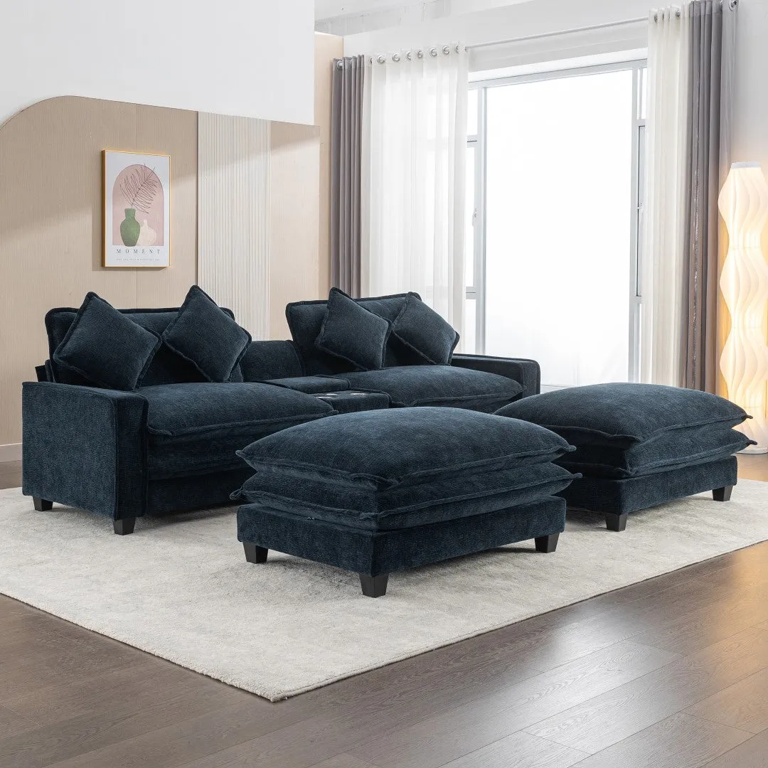 112.6" Chenille Sectional Sofa with Ottomans, USB Ports, Cup Holders, Storage Box, Blue