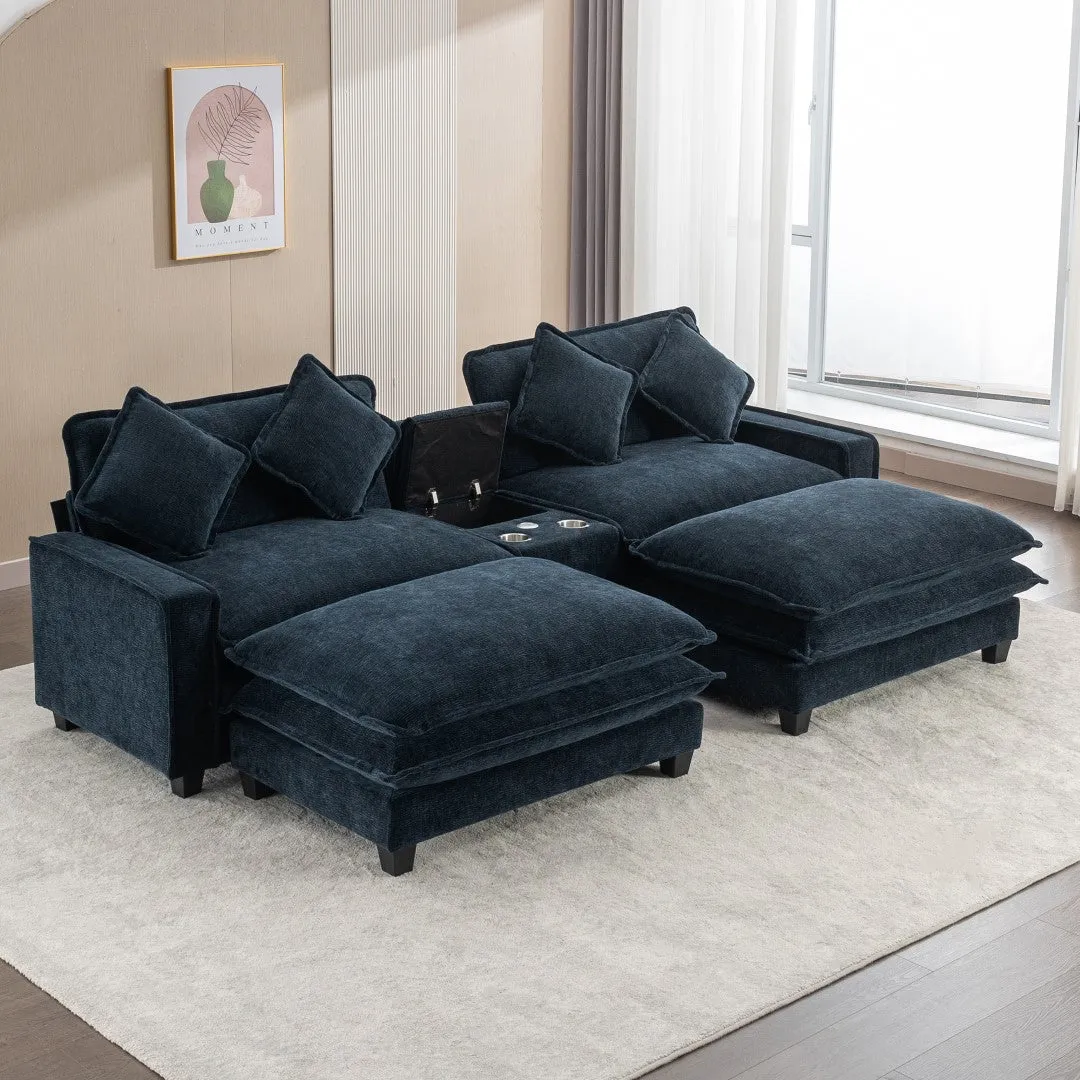 112.6" Chenille Sectional Sofa with Ottomans, USB Ports, Cup Holders, Storage Box, Blue