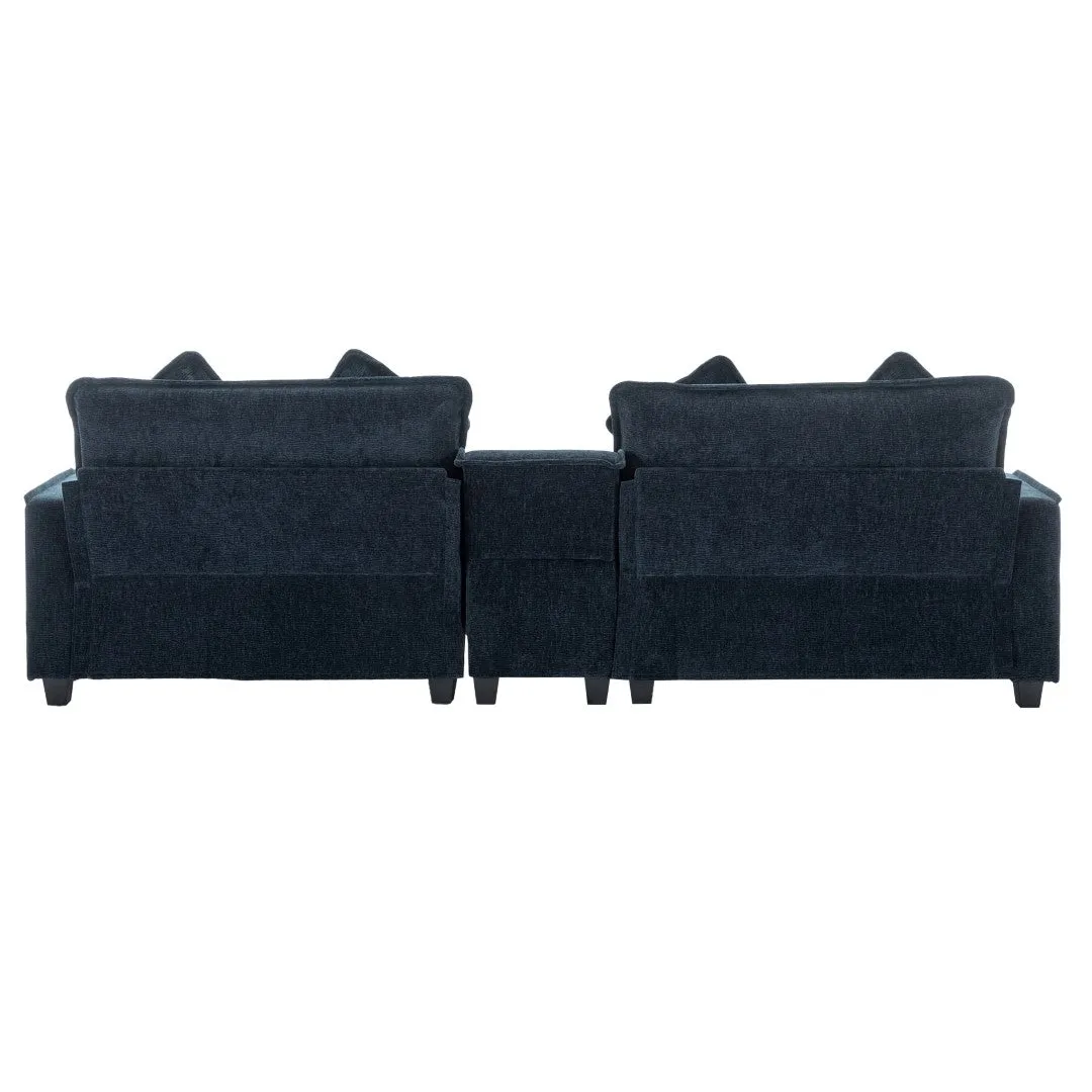 112.6" Chenille Sectional Sofa with Ottomans, USB Ports, Cup Holders, Storage Box, Blue