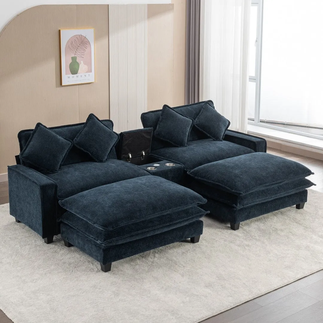 112.6" Chenille Sectional Sofa with Ottomans, USB Ports, Cup Holders, Storage Box, Blue