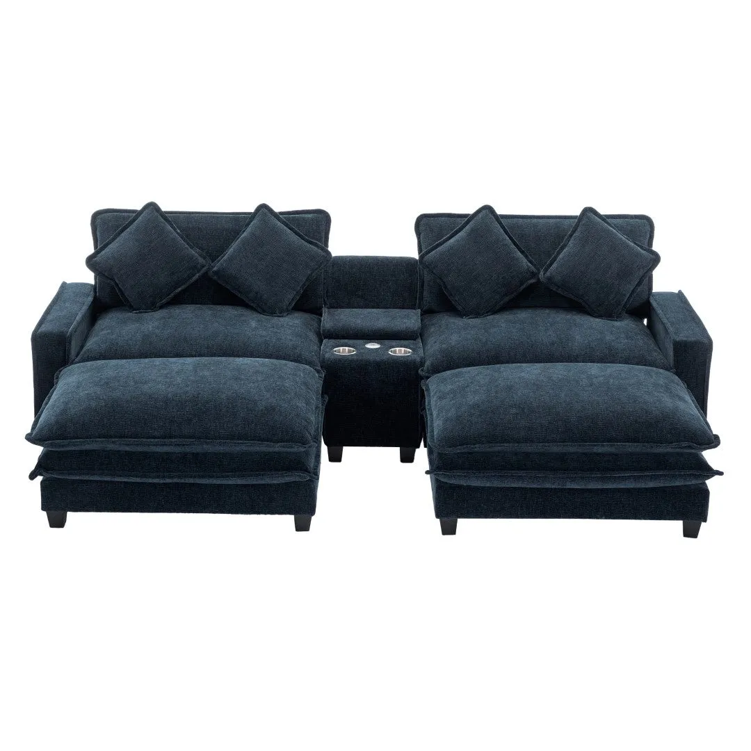 112.6" Chenille Sectional Sofa with Ottomans, USB Ports, Cup Holders, Storage Box, Blue