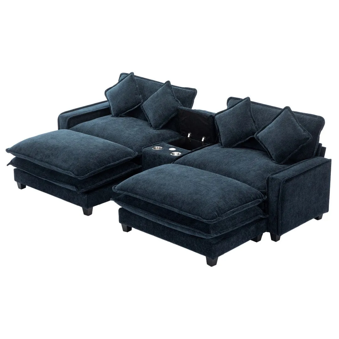 112.6" Chenille Sectional Sofa with Ottomans, USB Ports, Cup Holders, Storage Box, Blue