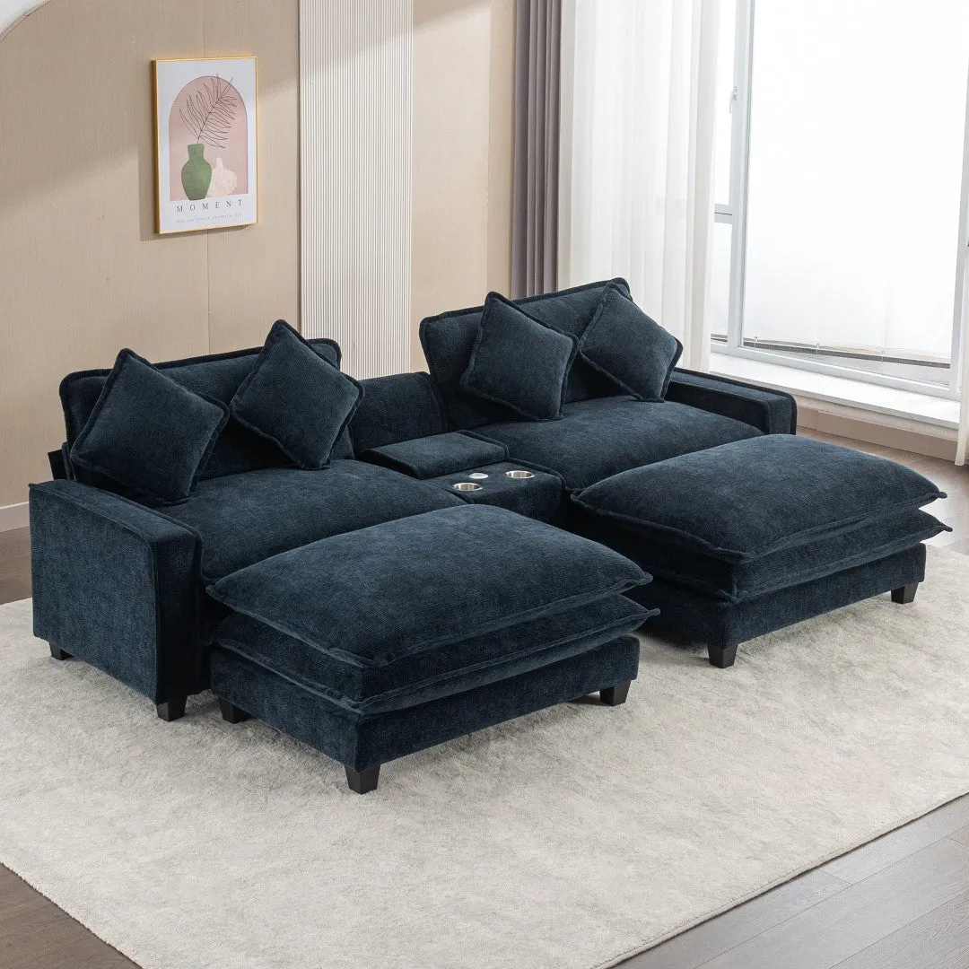 112.6" Chenille Sectional Sofa with Ottomans, USB Ports, Cup Holders, Storage Box, Blue