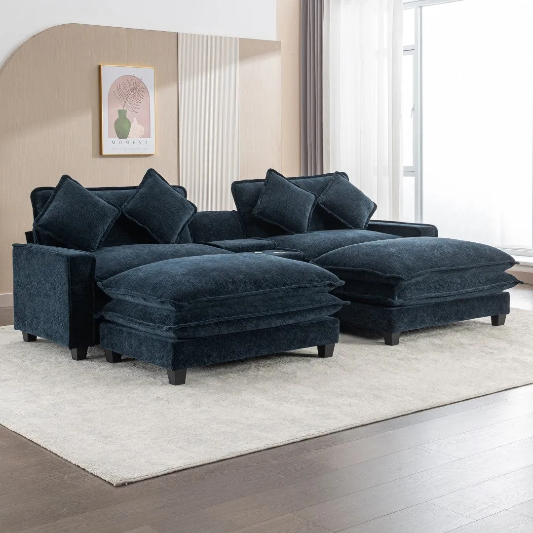 112.6" Chenille Sectional Sofa with Ottomans, USB Ports, Cup Holders, Storage Box, Blue