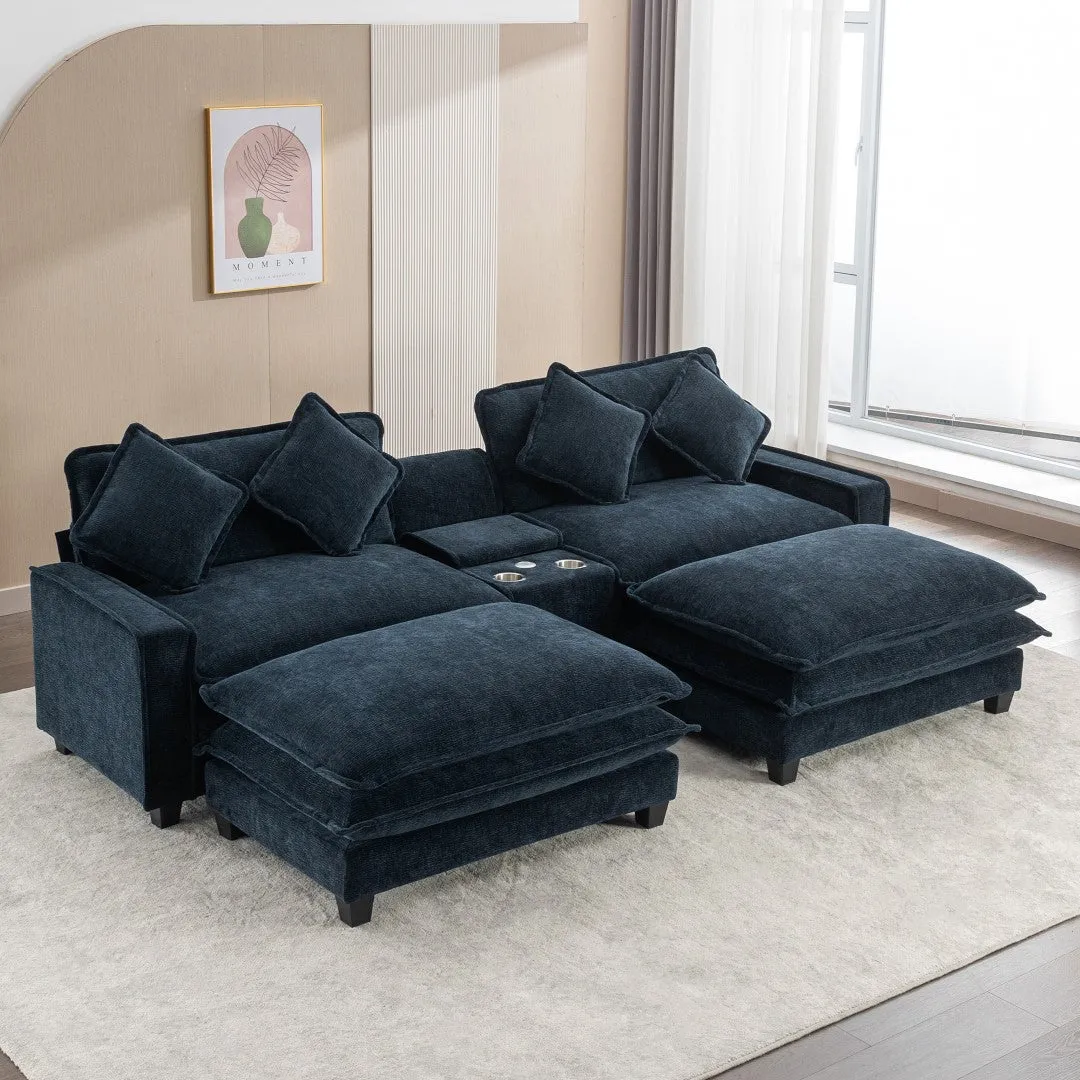 112.6" Chenille Sectional Sofa with Ottomans, USB Ports, Cup Holders, Storage Box, Blue