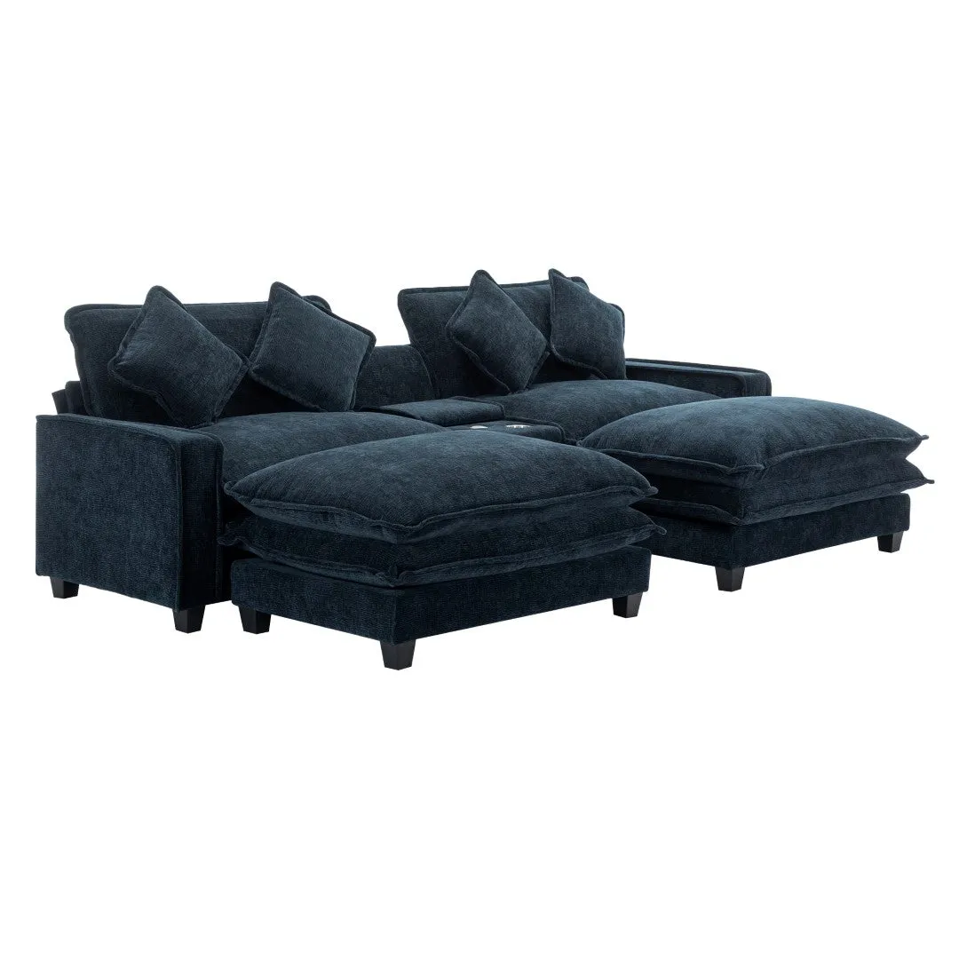 112.6" Chenille Sectional Sofa with Ottomans, USB Ports, Cup Holders, Storage Box, Blue