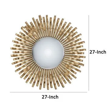 27 Inch Round Wall Mount Accent Decor Mirror, Sunburst, Iron Frame, Gold By Casagear Home