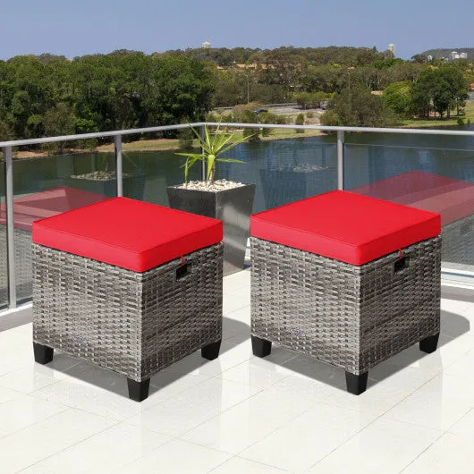 2PCS Patio Rattan Wicker Ottoman Seat with Removable Cushions-Red