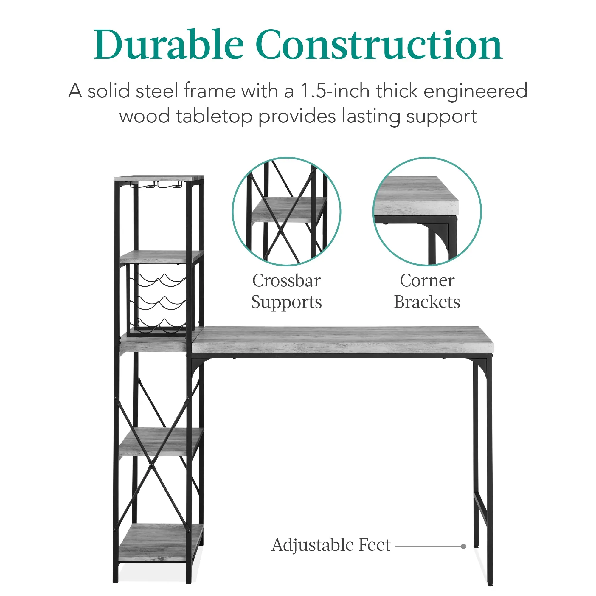 3-Piece Bar Height Dining Set w/ Bottle Rack, Glass Storage, 5 Shelves