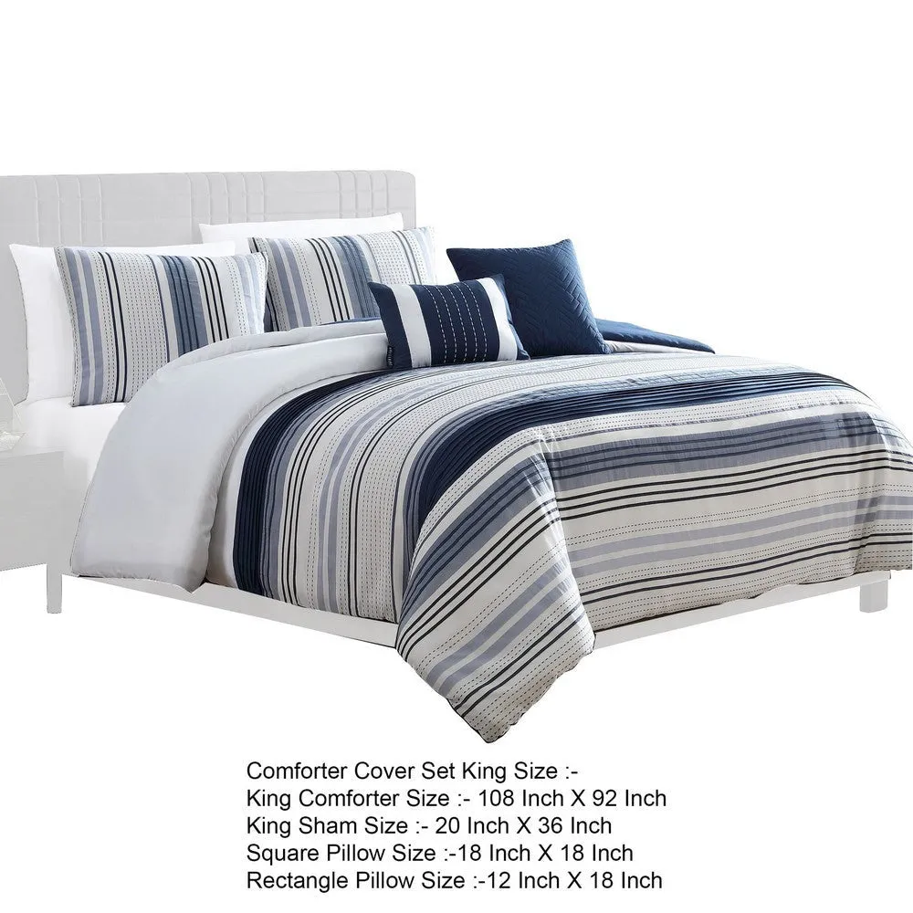 Alfa 5 Piece King Comforter Set, Jacquard Woven Stripes, Blue, White By Casagear Home