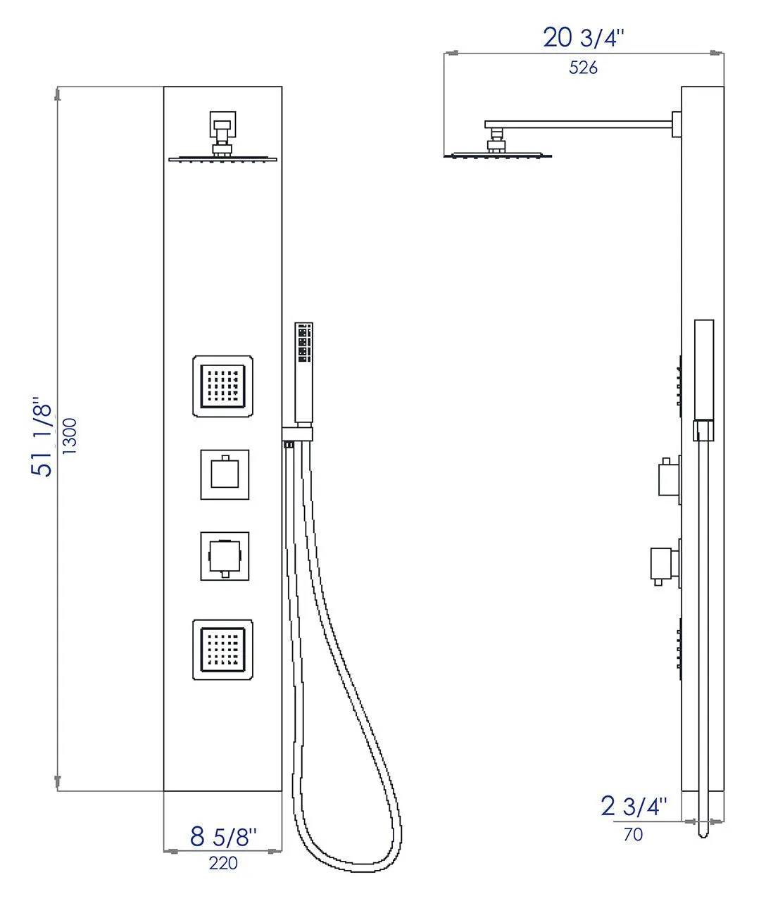 ALFI Brand Aluminum Shower Panel with 2 Body Sprays and Rain Shower Head