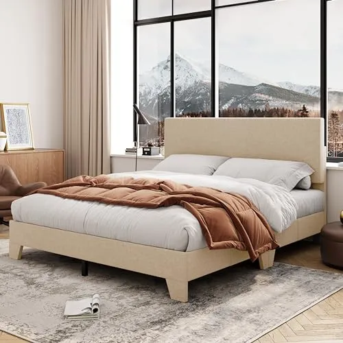 Allewie Full Size Bed Frame with Adjustable Headboard, Upholstered Platform Bed with Wood Slats, Heavy Duty Mattress Foundation, No Box Spring Needed, Noise-Free, Easy Assembly, Beige